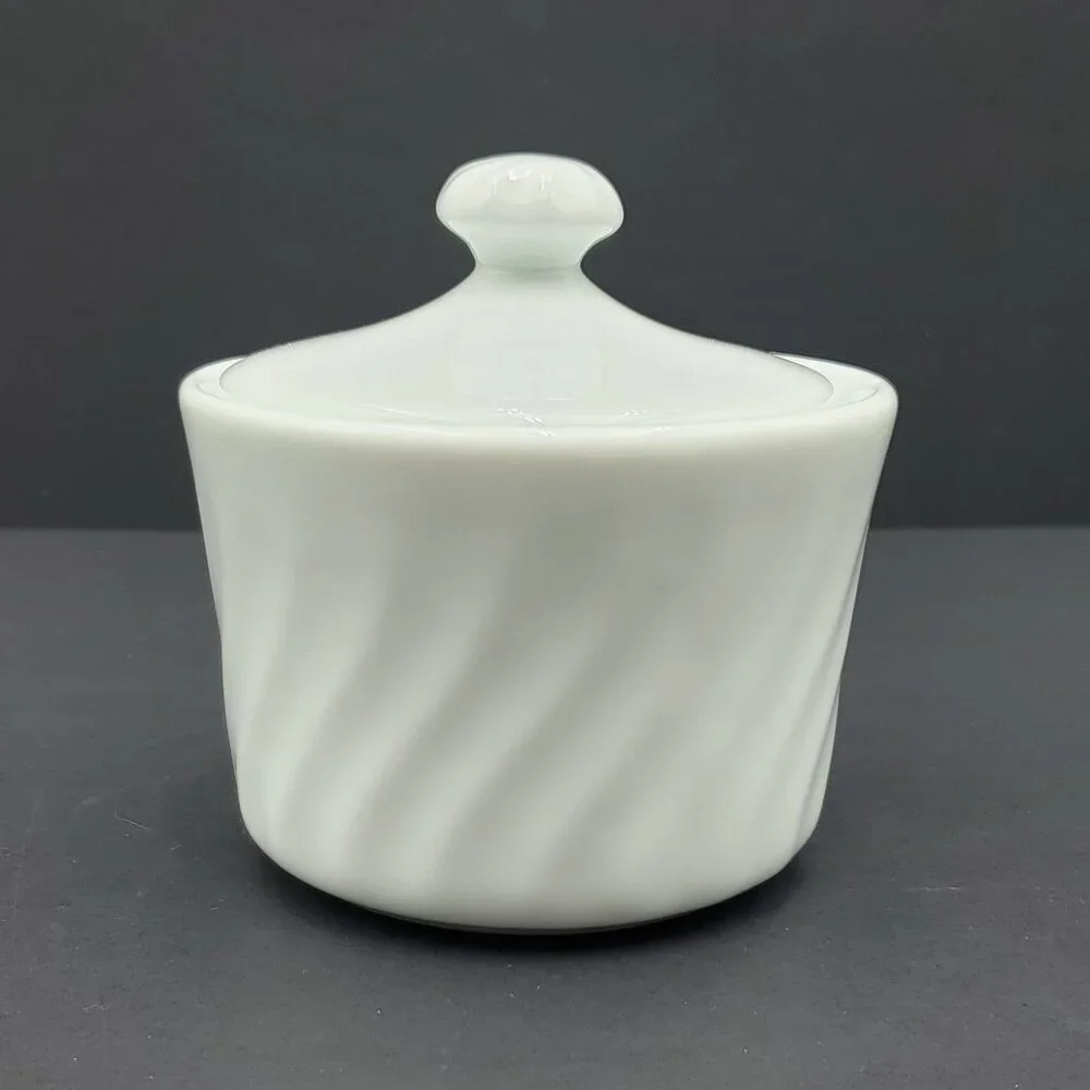 Corning White Swirl Sugar Bowl with Knob Lid Corelle White Stoneware Sugar Bowl
